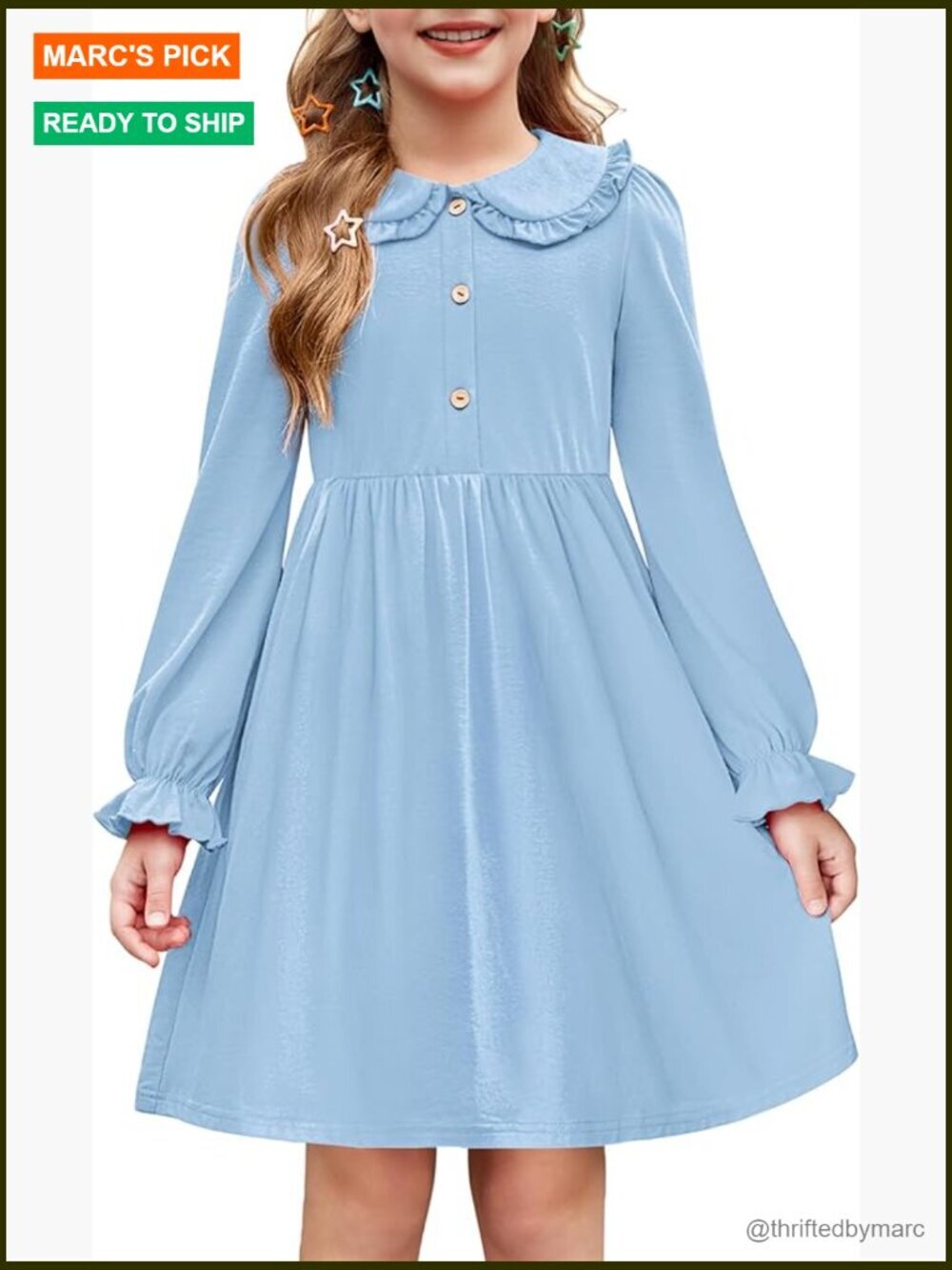 Girls Long Sleeve Cotton Blend Dress with Peter Pan Collar, Button Front,